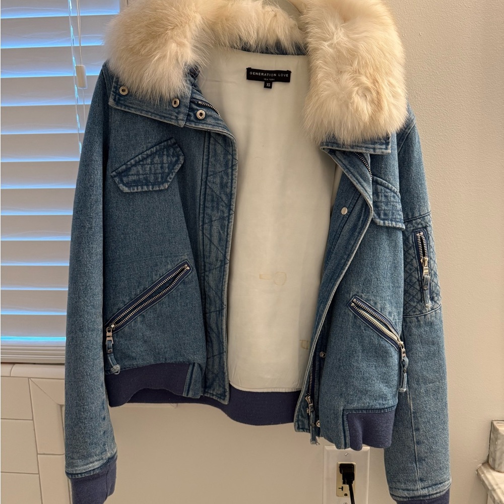 Generation Love Blue Denim Bomber Jacket with Fur Trim